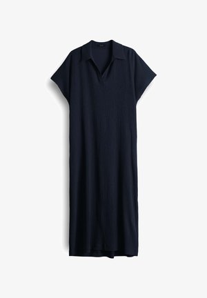 Marineblaue, kurzärmelige Kleid mit kragenlosem Ausschnitt und lockerem Schnitt. Aus strukturiertem Stoff gefertigt, reicht es bis zur Mitte der Wade.