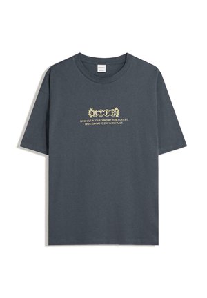 Dark gray cotton t-shirt featuring short sleeves, a crew neck, and yellow text in a decorative font with a laurel design.