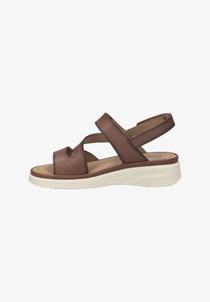 Brown leather open-toe sandal with two straps and a white cushioned sole, side view on a white background.