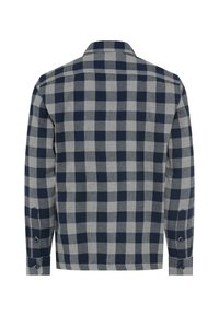 Marineblauw en grijs geruit flanellen shirt met kraag, lange mouwen en knoopmanchetten. Zachte textuur en vierkant patroon overal.
