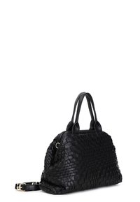Borsa a tracolla in pelle intrecciata nera con doppi manici superiori e tracolla rimovibile. Struttura morbida con superficie testurizzata e dettagli in metallo dorato.