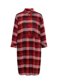 Robe-chemise à manches longues rouge et rose à carreaux avec un col et une patte de boutonnage sur le devant.