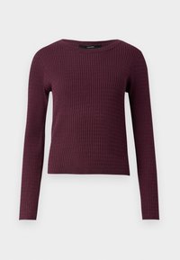Pull en maille texturée à manches longues, couleur prune foncée, avec un col rond et une silhouette ajustée.