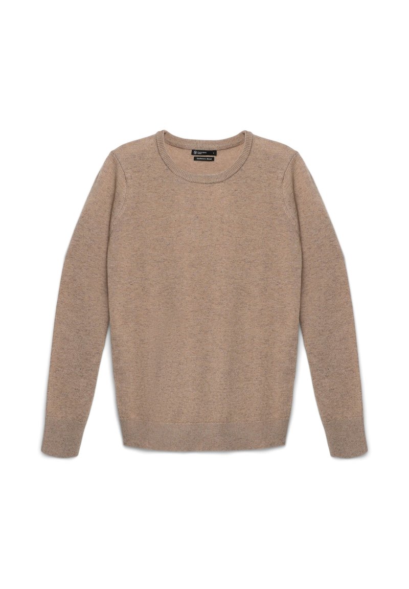 Maglione beige realizzato in morbido materiale a maglia, con scollatura a girocollo e maniche lunghe con polsini e orlo a costine. Nessun motivo o accentuazione visibile.