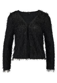Svart cardigan med pälsstruktur, långa ärmar, djup V-ringning och utan knäppningar. Mjuka, ludna fibrer ger en voluminös look.