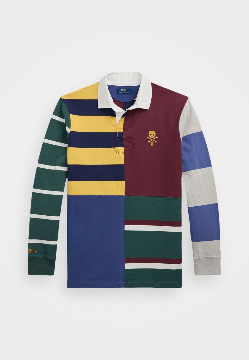 Langermet polo-skjorte med et lappeteppe-design i grønn, gul, blå, mørkerød og grå med horisontale striper. Krage med brodert hodeskalle.