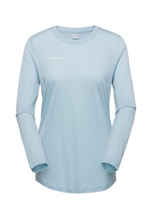 T-shirt de sport bleu clair à manches longues avec col rond et logo "Mammut" sur le haut à gauche de la poitrine sur fond blanc.