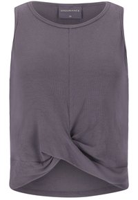Grå ribbet tanktop med tvistet frontdetalje, rund halsudskæring og ærmeløs design. Lavet af blødt, strækbart stof. Størrelse 38.