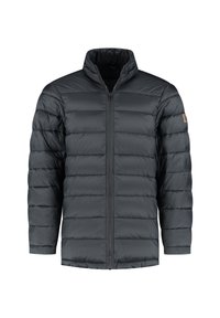 Lichtgewicht, donkergrijs, doorgestikte herenjas met volledige rits aan de voorkant en hoge kraag, afgebeeld op een effen witte achtergrond.