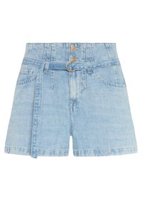 Shorts de mezclilla de color azul claro con una cintura alta, que cuentan con un lazo para un cinturón con un anillo, dos bolsillos frontales y un cierre de botón.