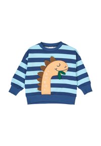 Maglione a maniche lunghe a righe blu e azzurro con un applicazione di un dinosauro arancione sorridente che mangia foglie verdi sulla parte anteriore.