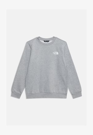 Sweat-shirt gris clair à col rond avec manches longues et petit logo blanc The North Face sur le côté gauche de la poitrine.