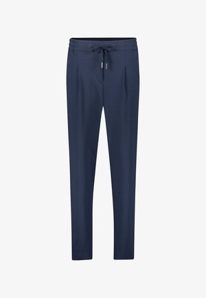 Pantaloni navy a vita alta con elastico, coulisse regolabile e due pince frontali per una vestibilità affusolata. Tessuto morbido.