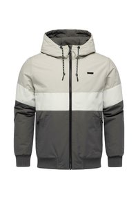 Herre zip-up hættejakke i beige, hvid og mørkegrå. Har en hætte, snoretræk, to sidelommer og ribbede manchetter. Glat tekstur.