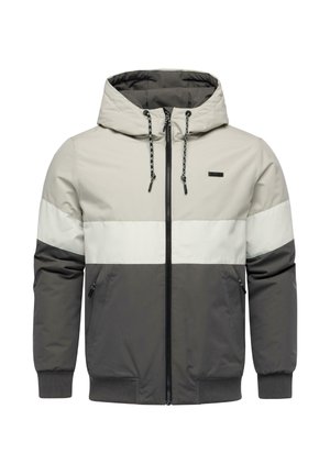 Beige, weiße und dunkelgraue Herren-Sweatjacke mit Reißverschluss. Verfügt über eine Kapuze, Kordeln, zwei Seitentaschen und gerippte Bündchen. Glatte Textur.