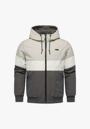 Felpa con zip da uomo in beige, bianco e grigio scuro. Presenta un cappuccio, lacci, due tasche laterali e polsini a costine. Tessuto liscio.