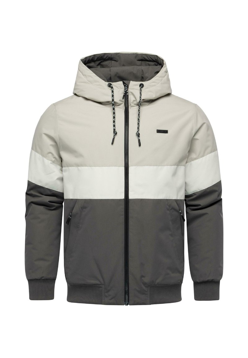 Herre zip-up hættejakke i beige, hvid og mørkegrå. Har en hætte, snoretræk, to sidelommer og ribbede manchetter. Glat tekstur.