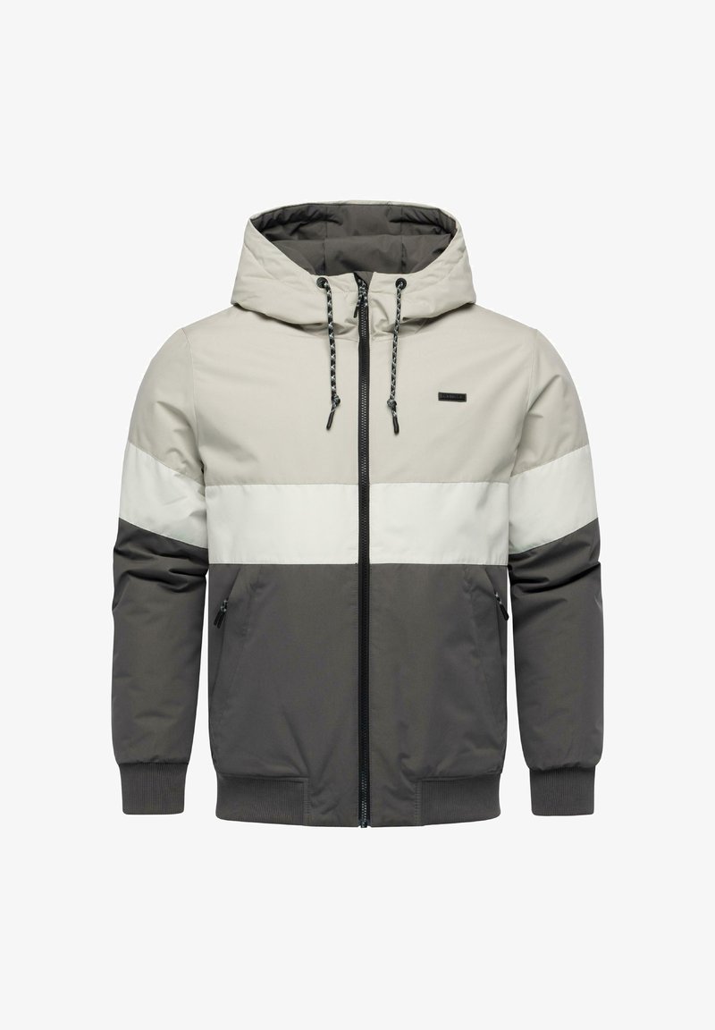 Herre zip-up hættejakke i beige, hvid og mørkegrå. Har en hætte, snoretræk, to sidelommer og ribbede manchetter. Glat tekstur.