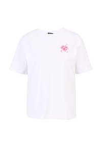 Tricou alb din bumbac, cu mâneci scurte, având un design floral brodat în nuanțe de roz pe partea stângă a pieptului. Guler simplu de tip crew.