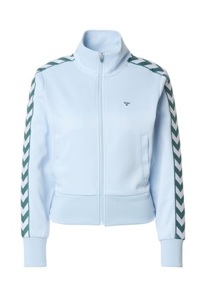 Lichtblauwe jas met rits van zacht stof, met groene en witte chevronstrepen langs de mouwen en een klein logo op de borst.