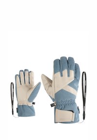 Blue and beige gloves with ribbed texture, waterproof material, adjustable cuffs, and reinforcement at the fingertips and palm.