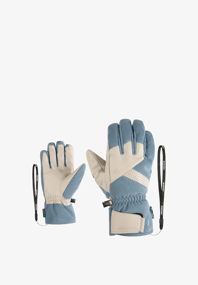 Blue and beige gloves with ribbed texture, waterproof material, adjustable cuffs, and reinforcement at the fingertips and palm.