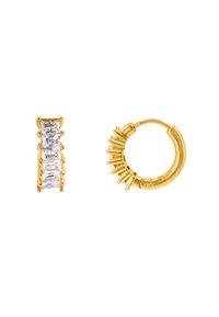 Pendientes de aro de oro con una piedra rectangular y clara en engaste de garras, con una superficie texturizada y acentos decorativos en un aro.