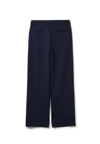 Pantaloni a gamba larga blu navy con una texture liscia, con vita piatta, passanti per la cintura e due tasche posteriori. Orlo dritto alle caviglie.