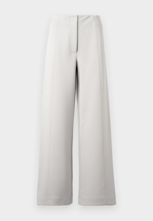 Wide-leg trousers in light grey fabric, featuring a clean front pleat, tailored seams, and a smooth texture.