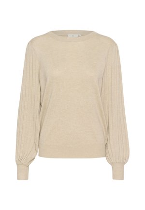 Beiger Pullover mit gerippten Ballonärmeln, rundem Ausschnitt und weicher Textur. Einfaches Design ohne sichtbare Muster oder Verzierungen.