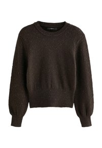 Brauner gestrickter Pullover mit rundem Ausschnitt, fallenden Schultern und gerippten Bündchen. Verfügt über ein strukturiertes Muster mit dezenten goldenen Sprenkeln.