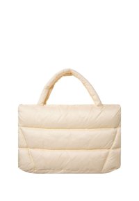 Beige gepolsterte Tragetasche mit einer weichen, strukturierten Oberfläche und zwei abgerundeten Griffen. Verfügt über gestickte horizontale Paneele für Stabilität.