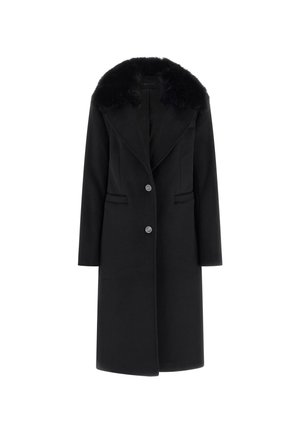 Cappotto nero in misto lana con colletto in pelliccia sintetica, design a un bottone, due tasche frontali e maniche lunghe. Texture liscia e forma sartoriale.