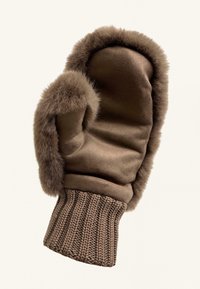 Rjava zimska rokavica z pletenim robom in mehkim krznom ob robovih, zasnovana za toploto in udobje.