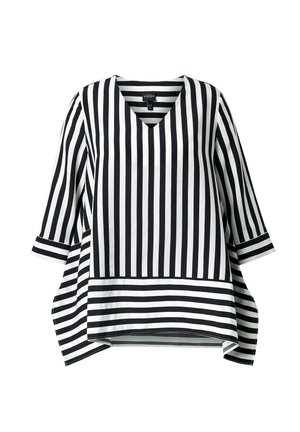 Schwarz-weiß gestreifte Bluse mit langen Ärmeln und V-Ausschnitt, vertikale Streifen am Körper und an den Ärmeln, sowie horizontale Streifen am Saum und an den Bündchen.