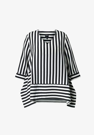 Stribet bluse i sort og hvid med lange ærmer og V-udskæring, lodrette striber på krop og ærmer, samt vandrette striber ved kant og manchetter.