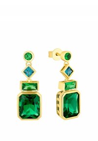 Pendientes en tono dorado que presentan gemas rectangulares y redondas en verde y azul, con formas geométricas y un diseño texturizado.