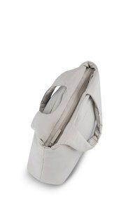 Szary materiałowy worek o miękkiej fakturze i zaokrąglonym kształcie, z dwoma uchwytami, zamknięciem na zamek błyskawiczny u góry oraz minimalistycznymi detalami wzornictwa.