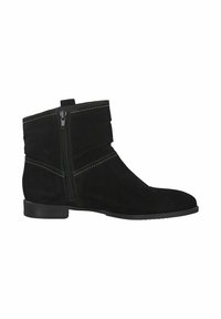 Bottine noire en daim avec fermeture éclair latérale, talon bas et coutures blanches visibles le long des bords, présentée sur fond blanc.