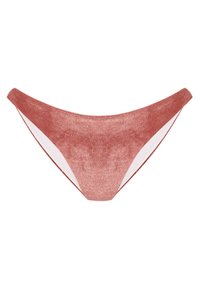 Bikini inferior de color rosa con una superficie texturizada, con paneles laterales blancos y un diseño de cintura baja. Cintura plana para mayor comodidad.