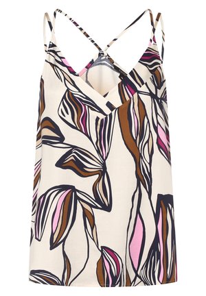 Ærmeløs top i let stof med blomsterprint i nuancer af pink, brun og sort. Korsrygstropper; V-udskæring.