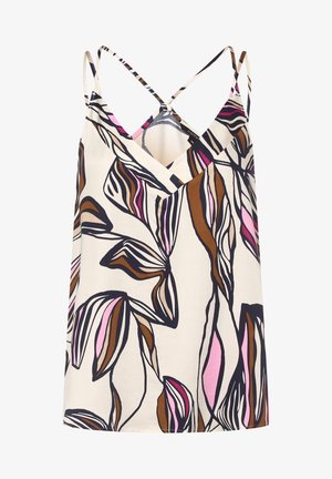 Haut sans manches en tissu léger avec un motif floral dans des tons de rose, marron et noir. Bretelles croisées dans le dos ; col en V.