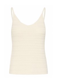 Crocheted top in off-white, featuring thin straps, a V-neckline, and a textured pattern throughout the fabric.
