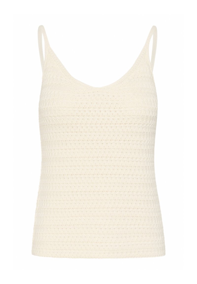 Crocheted top in off-white, featuring thin straps, a V-neckline, and a textured pattern throughout the fabric.