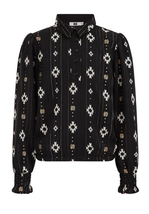 Zwarte blouse met lange mouwen, witte en gouden geometrische patronen, knoopsluiting, gathered manchetten en een puntig kraagje.