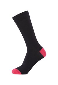 Black sock with a ribbed cuff and bright pink accents at the toe and heel. Made of a smooth material, it features a standard shape.