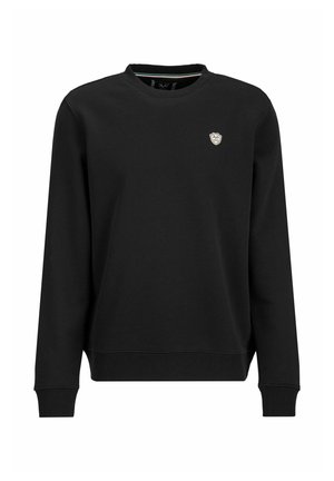 Zwarte sweatshirt gemaakt van katoen, met lange mouwen, een ronde halslijn en een klein schildlogo op de borst. Glad tekstuur.