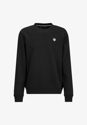 Schwarzer Sweatshirt aus Baumwolle mit langen Ärmeln, rundem Ausschnitt und kleinem Wappen-Logo auf der Brust. Weiche Textur.