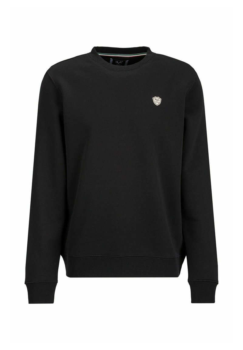 Schwarzer Sweatshirt aus Baumwolle mit langen Ärmeln, rundem Ausschnitt und kleinem Wappen-Logo auf der Brust. Weiche Textur.