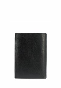 Czarna skórzana portmonetka o teksturowanej powierzchni, prostokątnym kształcie i przeszywanych brzegach. Posiada minimalistyczny design bez ozdób.